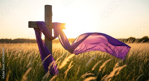 Wooden cross draped in flowing purple fabric stands solemnly in a sunlit golden field, symbolizing faith, sacrifice, and spiritual hope