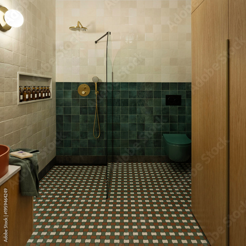 Modern Bathroom: Stylish Interior Design with Green Tile and Checkerboard Pattern