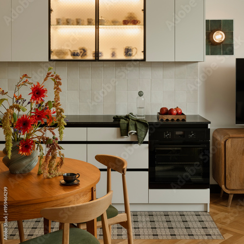 Cozy Kitchen Interior with Warm Lighting and Rustic Touches