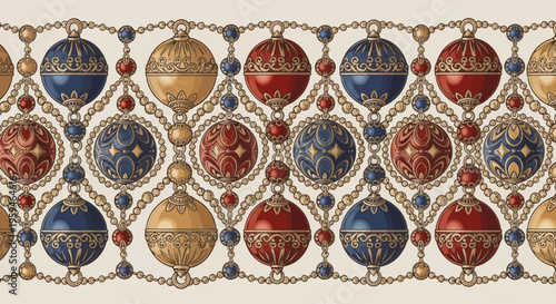 Ornate chains with red, blue, and gold baubles adorn a vintage-inspired border