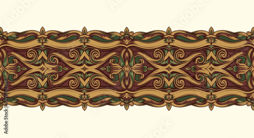 Ornate horizontal border with flowing gold, maroon, and green stylized leaf and scroll motifs