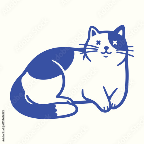 A charming cartoon illustration of a blue and white patched cat in a relaxed pose