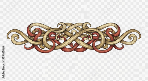 Intricate interwoven knotwork in red and gold, symmetrical and looping