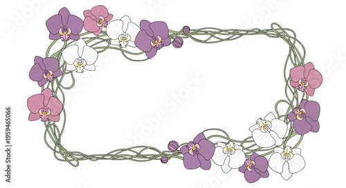 Elegant floral frame composed of swirling vines and orchid blossoms