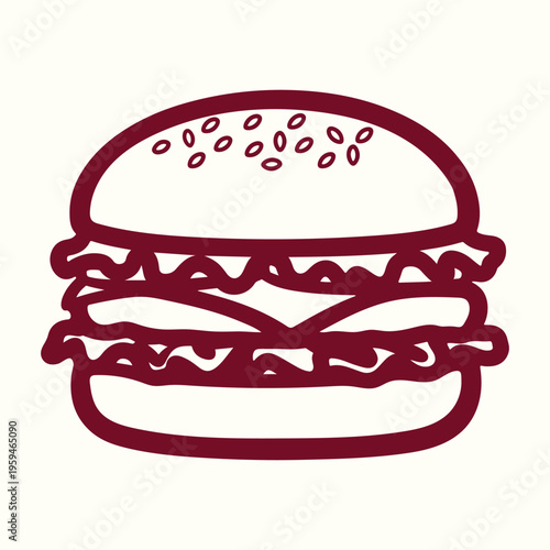 A simple line drawing depicts a classic cheeseburger with sesame seeds on a bun high quality