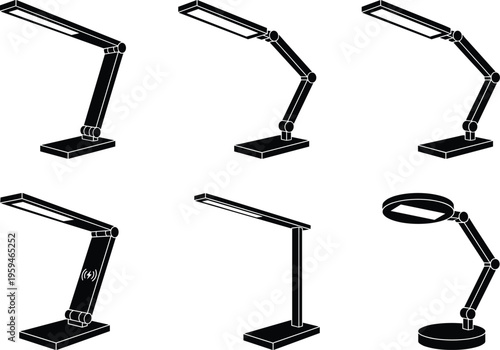 Flat vector illustration of desk lamps, adjustable arm designs, wireless charging lamp, minimalist style, circular head, ergonomic lighting collection