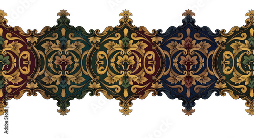 Ornate, scrolling, floral patterned border with jewel tones and gold accents