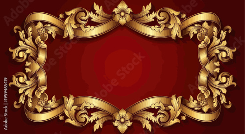 Ornate golden frame with scrolling floral elements and ribbon on crimson background