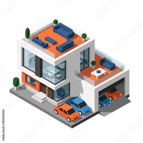 Isometric view of a modern luxury house with a garage, rooftop terrace, and parked cars.