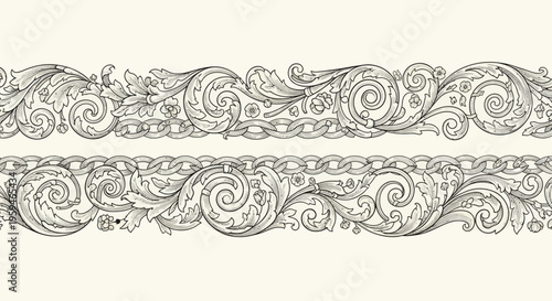 Intricate scrolling floral borders with chain-link accents on a pale background