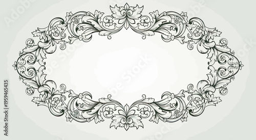 Ornate black and white floral scrollwork creates an elegant oval frame