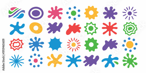 Colorful abstract shapes and patterns arranged in a grid formation