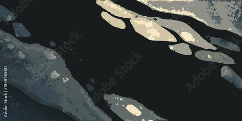 Abstract aerial view of a dark river with light colored islands