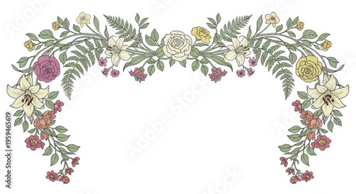 Delicate arched floral arrangement with lilies, roses, and greenery on white
