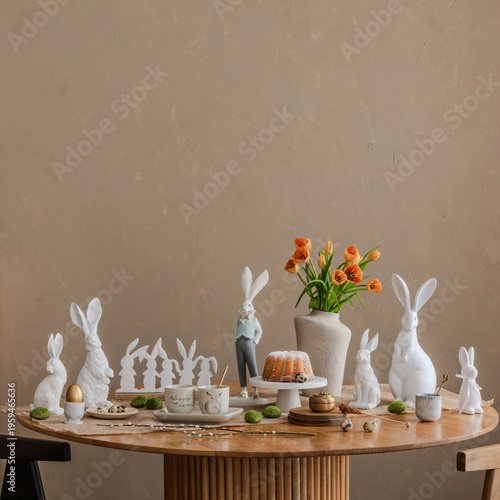 A beautifully styled Easter table setting with white ceramic rabbit figurines, a rustic cake, and fresh orange tulips in a textured vase.  festive atmosphere.