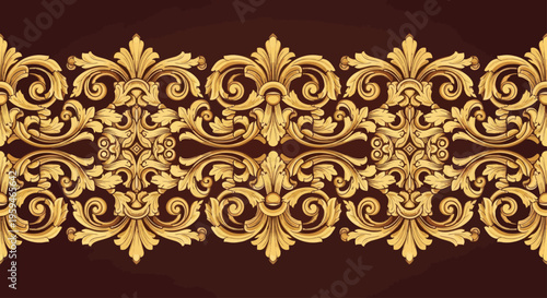Elaborate golden baroque pattern adorns a dark brown background