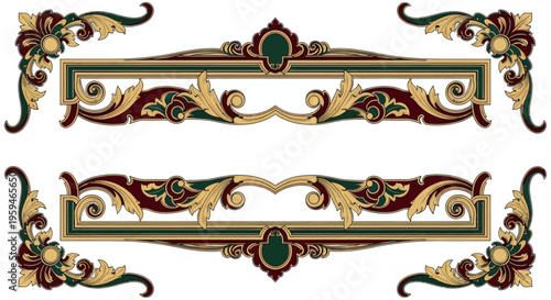 Ornate gold, maroon, and green decorative borders with elaborate floral motifs