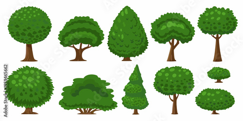 Collection of diverse green trees and shrubs in cartoon style