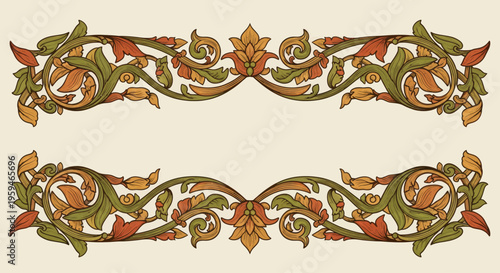 Decorative floral border design with curving vines, leaves, and buds in earthy tones