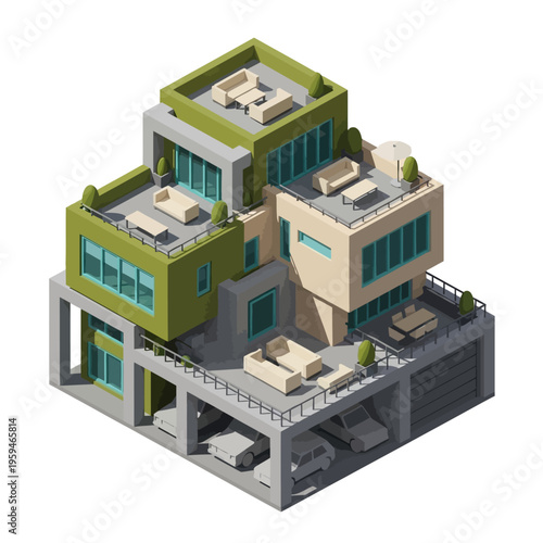 A modern, multi-level isometric house with a rooftop terrace, balconies, and an integrated garage, showcasing contemporary architectural design.