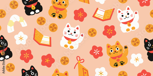Colorful pattern featuring lucky cats coins and traditional japanese motifs