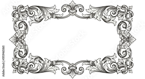 Ornate black and white decorative frame with elaborate scrollwork and leaf motifs