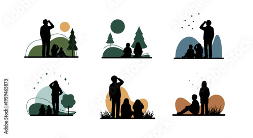 Silhouettes of people enjoying outdoor activities and nature landscapes.
