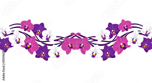 Decorative border of purple and pink orchids with striped elements