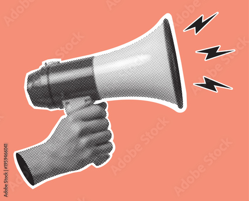 Retro halftone hand holding megaphone. Halftone collage element. Vector.