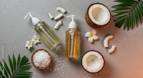 top view of coconut oil in bottles on coconut shaving and palm leaves on grey textured background