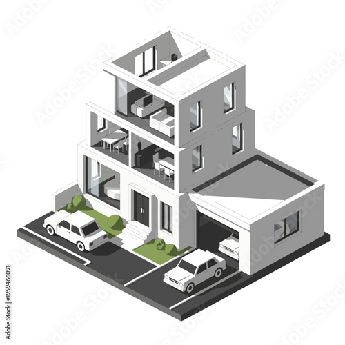 Isometric illustration of a modern multi-story house with a garage and two cars parked outside, showcasing interior rooms.