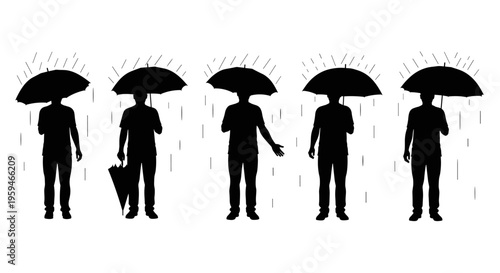 Silhouettes of people holding umbrellas in the rain, depicting various poses and interactions with the weather.