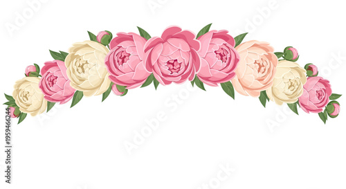 A curved border of pink and cream peonies with green leaves