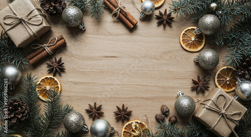 Top view of baubles, anise stars and pine branches on brown wooden background, banner