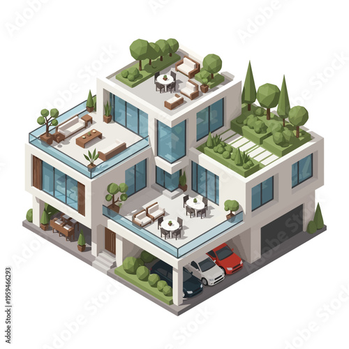 A modern, multi-story residential building with rooftop gardens, balconies, and a garage, showcasing contemporary architecture and outdoor living spaces.
