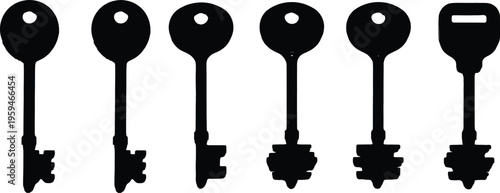 Flat vector illustration of key silhouettes, security design, lock mechanism, unique shapes, round and rectangular heads, black silhouette collection