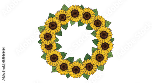 Circle of sunflowers with green leaves on white