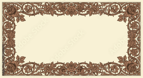 Ornate brown floral border with roses and thorns on cream background