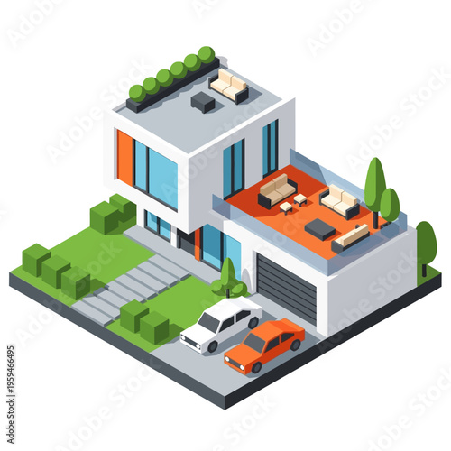 Isometric view of a modern luxury house with a garage, two cars, and a rooftop terrace with outdoor furniture and greenery.