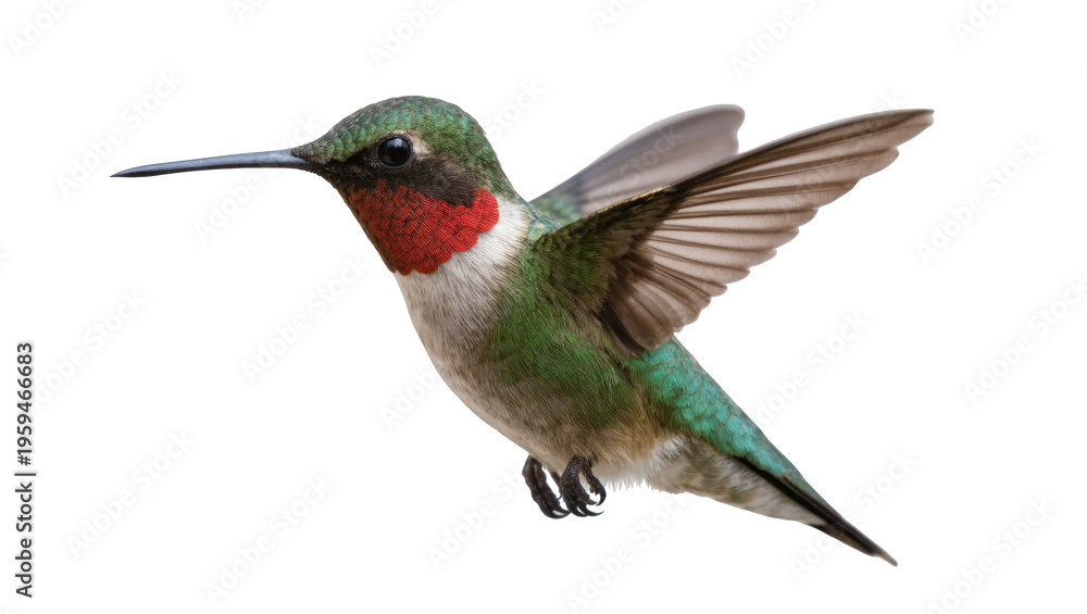 Naklejka premium Vibrant Ruby-throated hummingbird in graceful flight, displaying iridescent green and red plumage