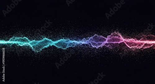 Conceptual visualization illustrating the fundamental duality of matter and energy, transitioning between distinct particle form and fluid wave dynamics, futuristic, cosmic, pattern
