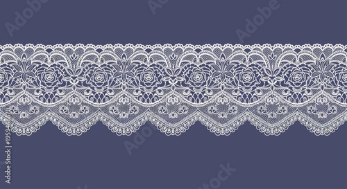 Elegant white floral lace border with roses and intricate patterns on a deep blue background