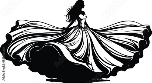 Elegant woman silhouette in flowing gown, fashion dress illustration, glamorous female figure, luxury style vector design