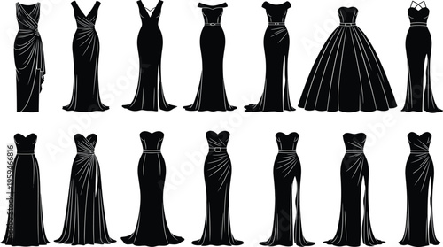 Evening gown silhouettes collection, elegant women dresses set, luxury fashion clothing, formal dress vector illustration