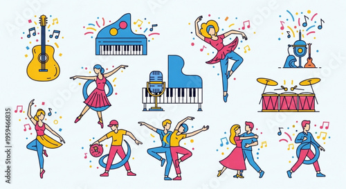 Vibrant music and dance illustrations with people playing instruments and dancing surrounded by colorful musical notes