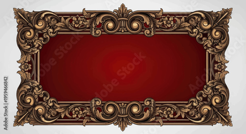 Ornate golden frame with intricate floral and scrollwork surrounding a deep red background