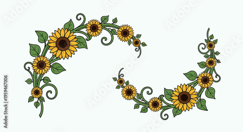 Two swirling green vine arrangements adorned with yellow sunflowers and leaves