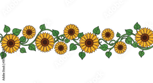 Yellow sunflowers and green leaves interwoven on a vine, forming a border
