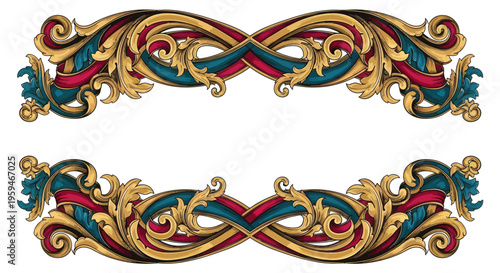 Ornate, decorative borders with swirling gold leaves and layered bands