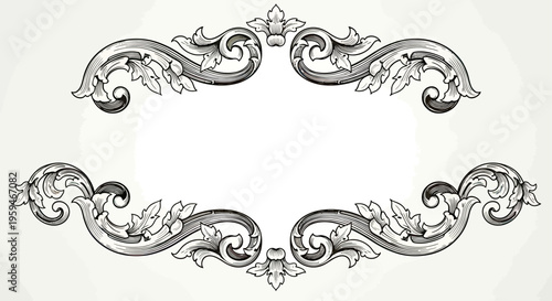 Ornate black and white scrollwork flourishes form a decorative border on a light background